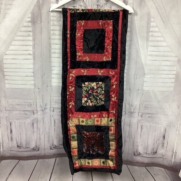 Black Velvet Quilted Boho Table Runner Vintage - Picture 5 of 9